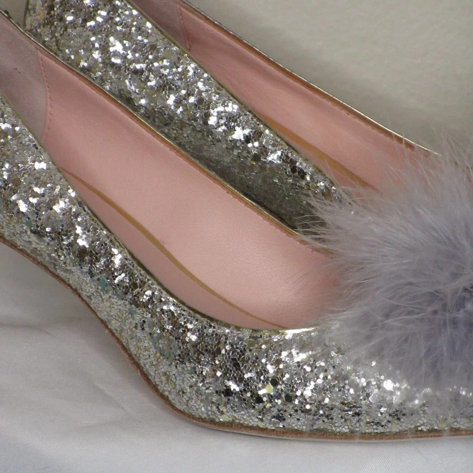 Женские парковые туфли-лодочки на низком каблуке Kate Spade серебристые/золотистые блестящие с помпонами 7 1/2 M B2 - Изображение 4 из 4