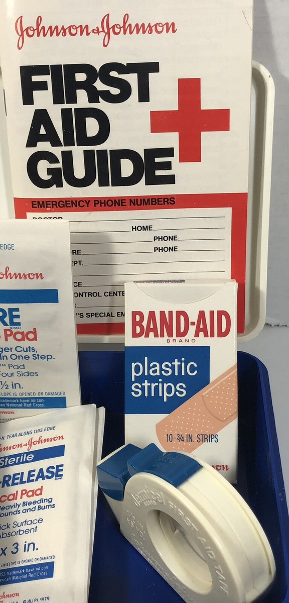 Vintage Johnson & Johnson First Aid Kit Blue White Red Plastic