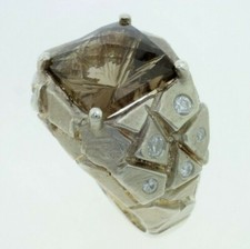.925 Sterling silver Natural Smokey Quartz and CZ's ring AAA Fine Quality Size 7