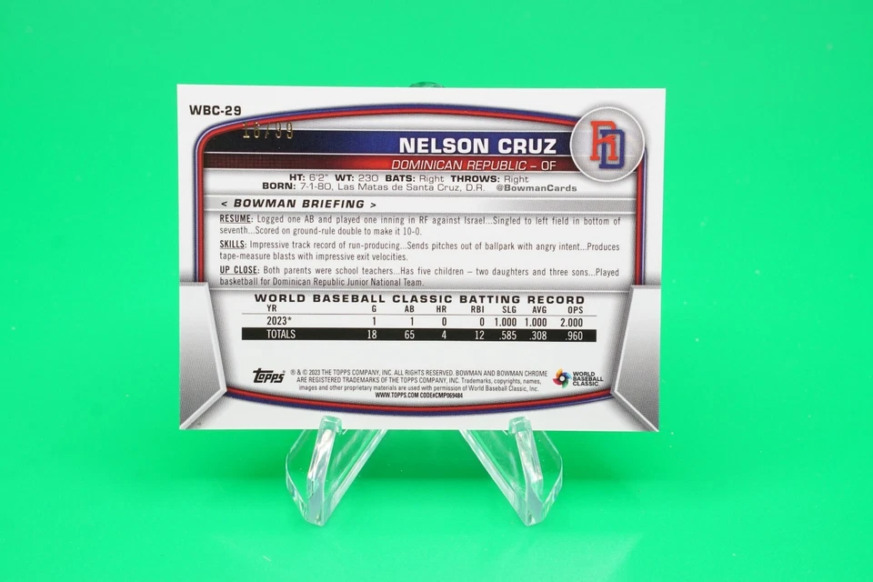 2023 Bowman Chrome WBC Flag Green Refractor SP /99 #WBC-29 Nelson Cruz R6220J - Image 2 of 2