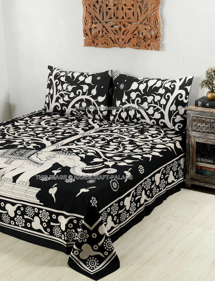 Sábana bajera doble de algodón con estampado de árbol de la vida de elefante negro con funda de almohada de 2 piezas Foto 2 de 4