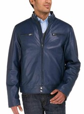 Men's Lambskin Jacket Blue Stylish Stand Collar Handmade Leather Genuine Casual