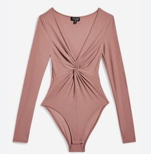 TOPSHOP Mauve Pink Long Sleeve Deep V  Neck Twist  Front Bodysuit   Size 6
