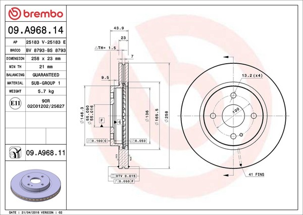 2X Brembo Bremsscheibe Prime 09.A968.14 FüR Mazda DE3FS Bifuel MZR DE5FS-image