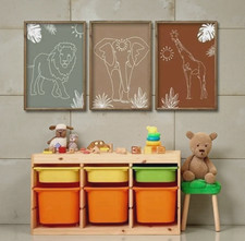 3Pc Safari Animal Wall Art Set Lion Elephant Giraffe 15"x10" Framed D cor