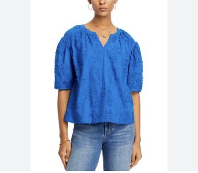 Cupio Women s Small Royal Blue Embroidered Split Neck Top Short Sleeve Top