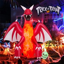 8FT LED Halloween Inflatable Red Dragon, Fire Breathing Blow Up Dragon With Flam
