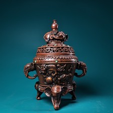 Old Chinese Bronze Censer, Xuande Mark, Elephant & Lion Carved Incense Burner