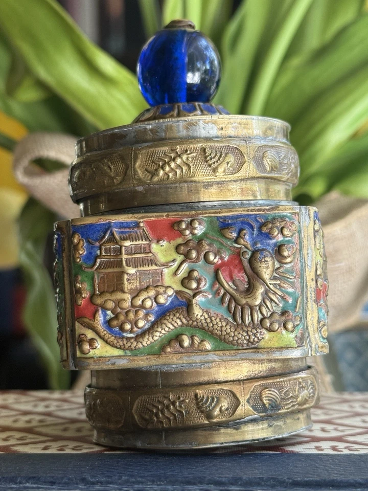 Circa 1900-1940 Antique Chinese Tea Caddy/Snuff Jar W Enamel Cloisonné Brass - Image 4 of 4