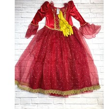 Disney Store Belle Winter Red Velvet Gold Lace Costume Dress Girls 7/8 Gloves