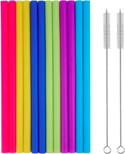 14PCS Silicone Straws with Brushes 10 Jumbo Reusable Smoothie Milkshake Straws