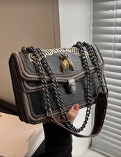 Woman Elegant Black Bee Detail Shoulder Bag Chain Strap Square Crossbody Purse.