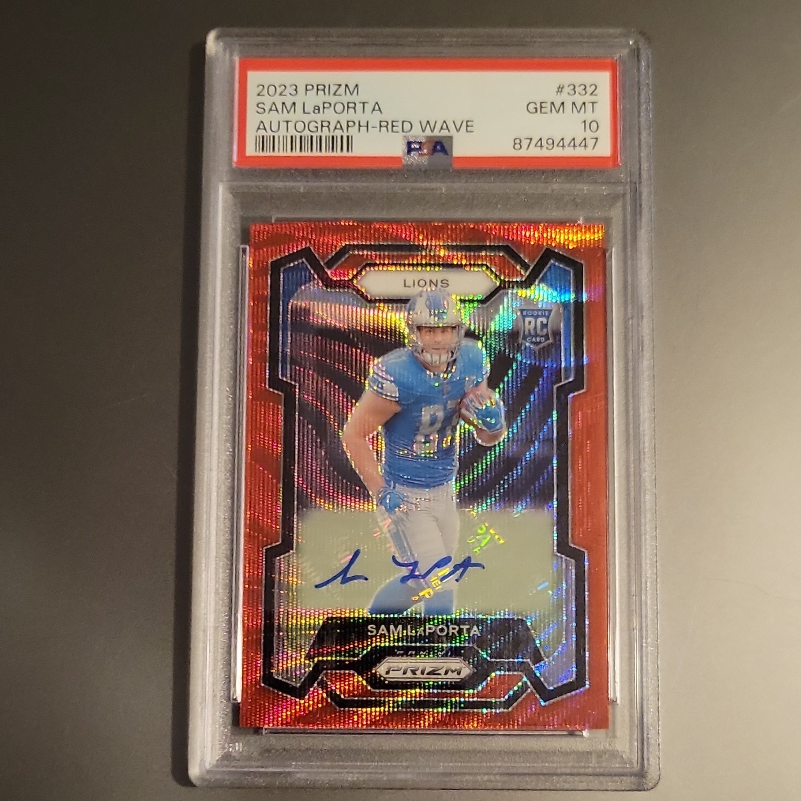 2023 Panini Prizm Sam LaPorta #332 Red Wave Rookie Auto /149 PSA 10