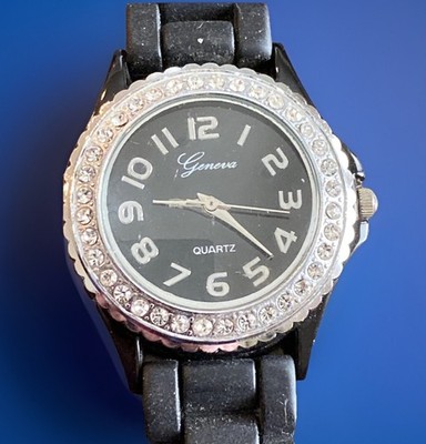 Geneva Quartz Watch Rhinestone Bezel Black Silicone Band Womens Water Resistant