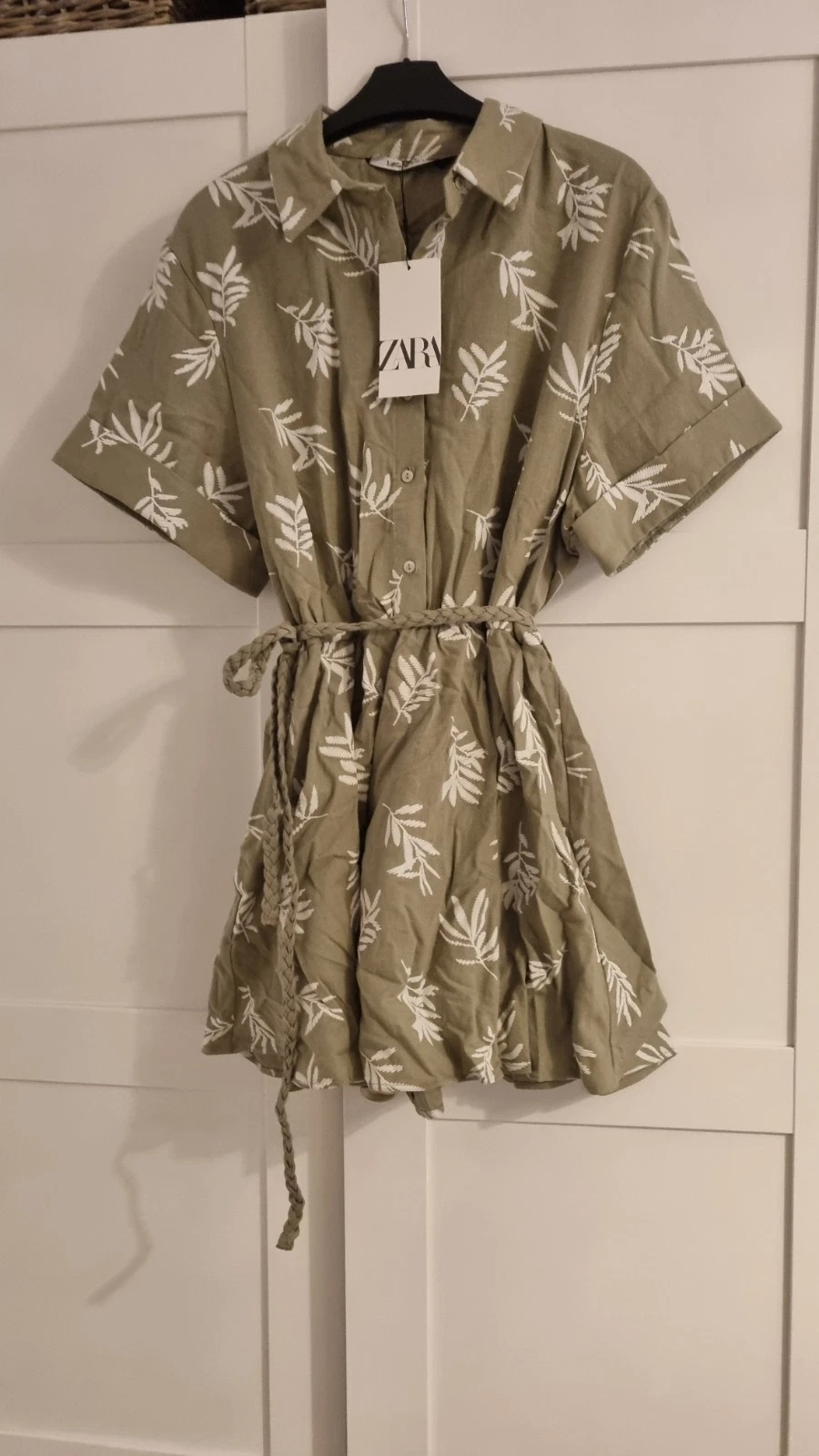 BNWT ZARA GREEN ECRU LEAF EMBROIDERED EFFECT PRINT BELTED LARGE SHIRT DRESS