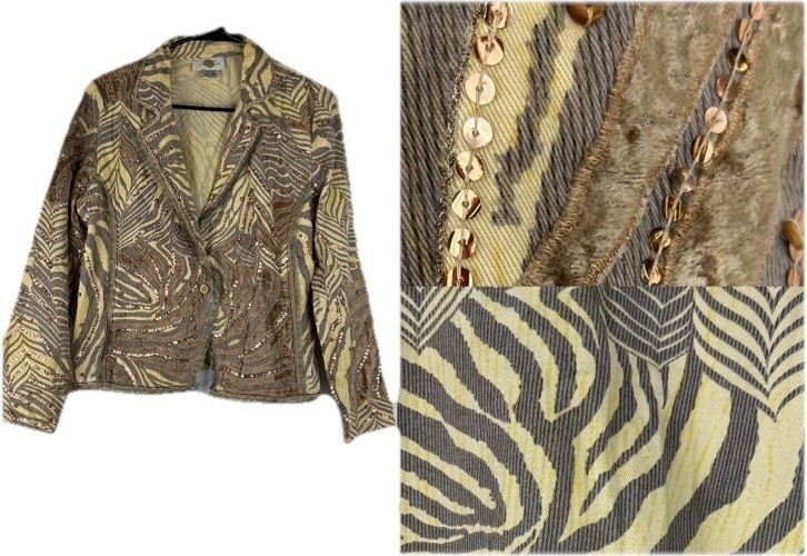 SANDY STARKMAN Women’s Small Blazer Zebra Print Wearable Art Sequins VTG