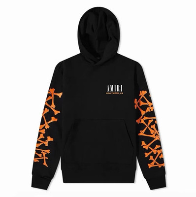 AMIRI Men s S Black Pullover Hoodie Orange Graphic Sleeves Logo Pocket