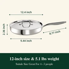 12 Inch Tri-Ply Stainless Steel Frying Pan, Frying Pan with Lid, PFOA/PTFE Free