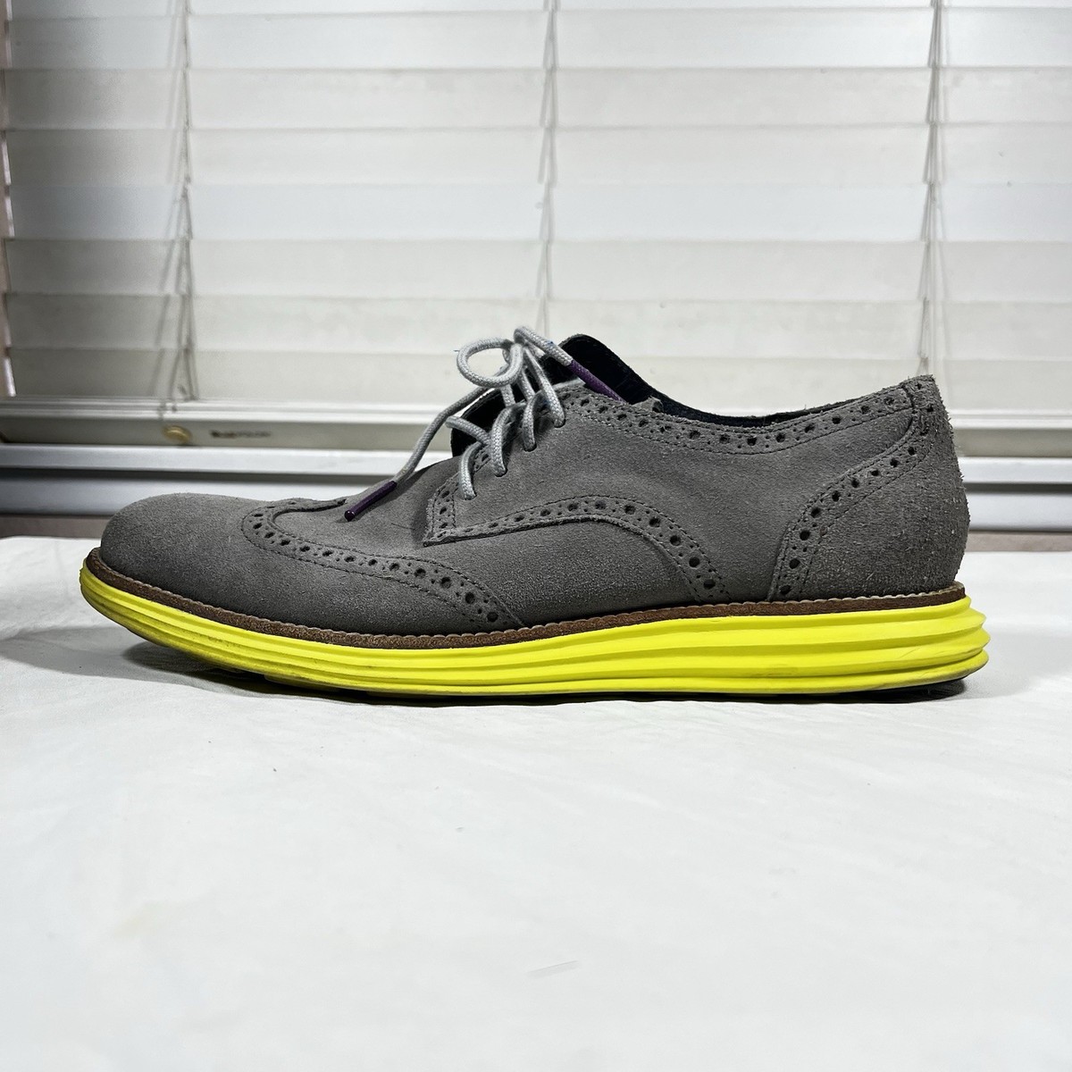 Cole Haan Men's Lunargrand Wingtip Gray Suede Yellow Sole Oxford