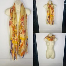 RARE Yellow Orange Purple Floral Scarf Wrap Flowers Autumn Summer Hibiscus Light