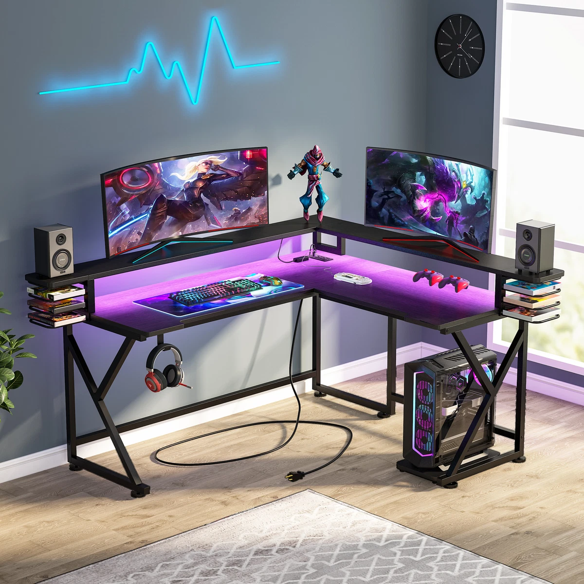 L-Shaped Gaming Desk with Led Light & Power Outlets, Home Office Computer  Desk