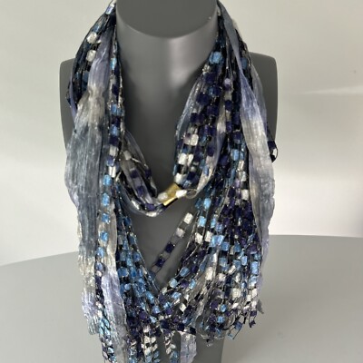 Blue Ribbon Ladder Trellis Scarf Lariat Necklace Boho Festivals