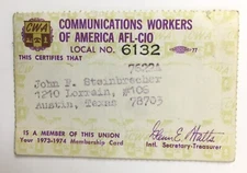 CWA Communications Workers of America AFL-CIO Membership Card 1973 1974 Loc 6132