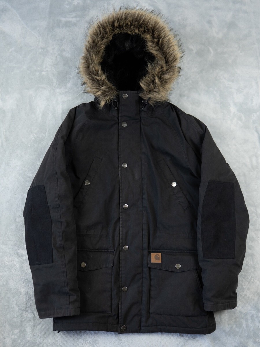Carhartt WIP Trapper Parka Jacket Black Medium Men's Fur Hood Coat