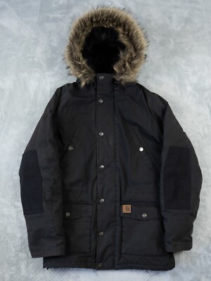 Carhartt WIP Trapper Parka Jacket Black Medium Men's Fur Hood Coat UK