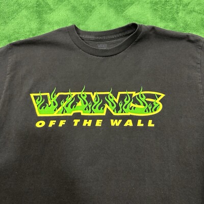 Y2K Vans Off The Wall T-Shirt Mens M Graphic Flaming Logo Black Skateboard