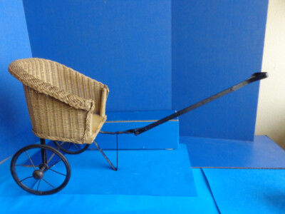 ANTIQUE WICKER DOLL SURREY 2 WHEEL CARRIAGE WITH METAL HARDWARE- HOLDS 19'' DOLL