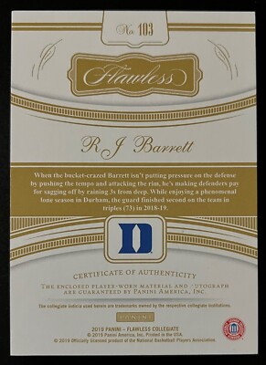 RJ Barrett 19-20 Panini Flawless Collegiate Rookie GU Patch