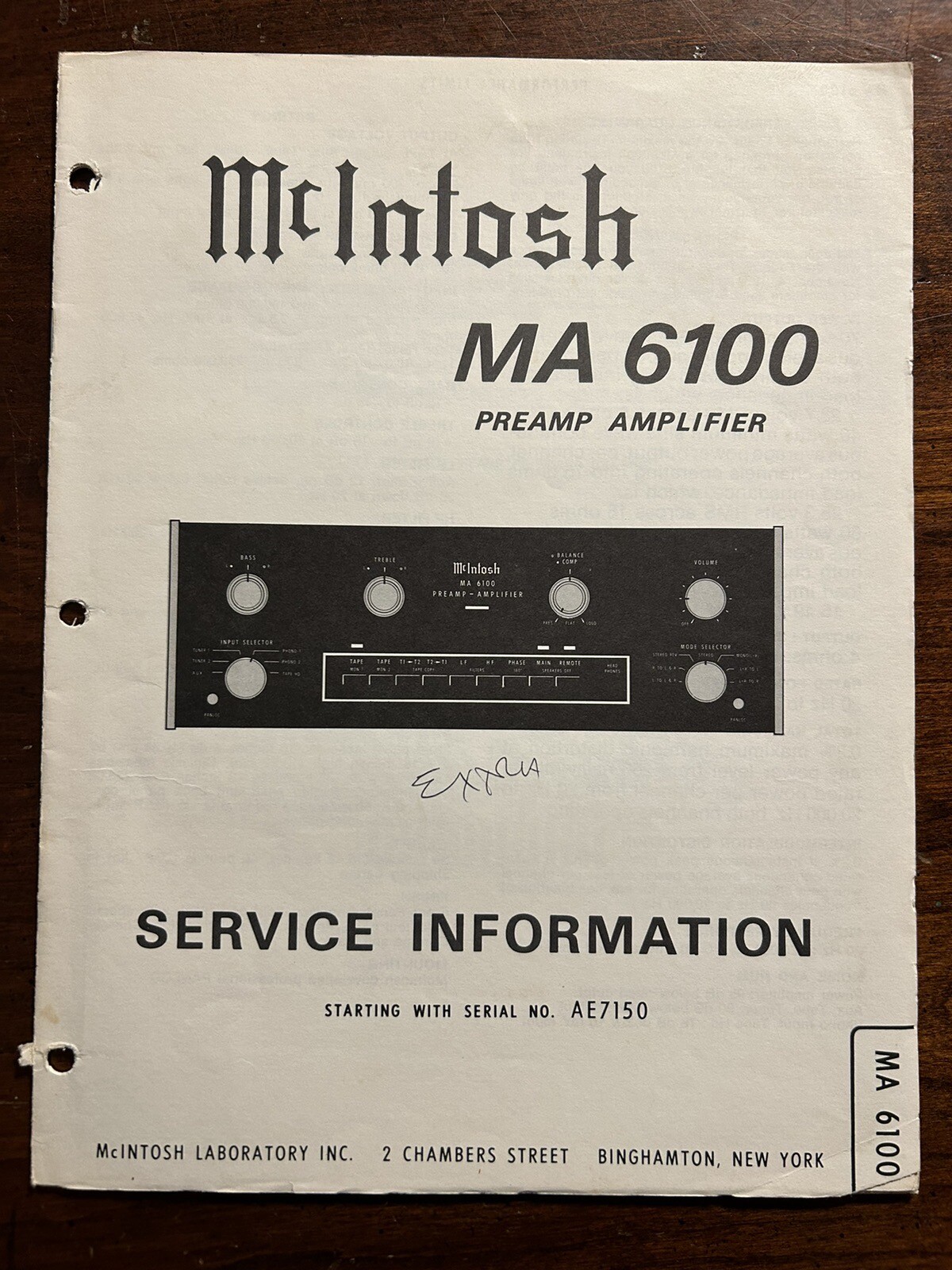 McIntosh MA6100 Preamp Amplifier Amp Service Information Manual Original AE7150
