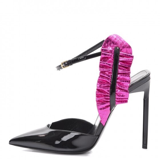 Yves Saint Laurent YSL Patent Calfskin Ayers Edie Heel Size 38 Black Fuschia