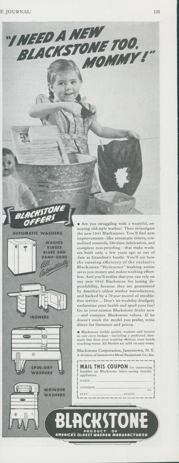 1941 Blackstone Washer Washboard Clothesline Girl Pigtails Vintage Print Ad LHJ3