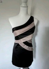 FRM UK Satin Black Dusky Pink Cocktail Party Dress US 4 One Shoulder LINED Strap