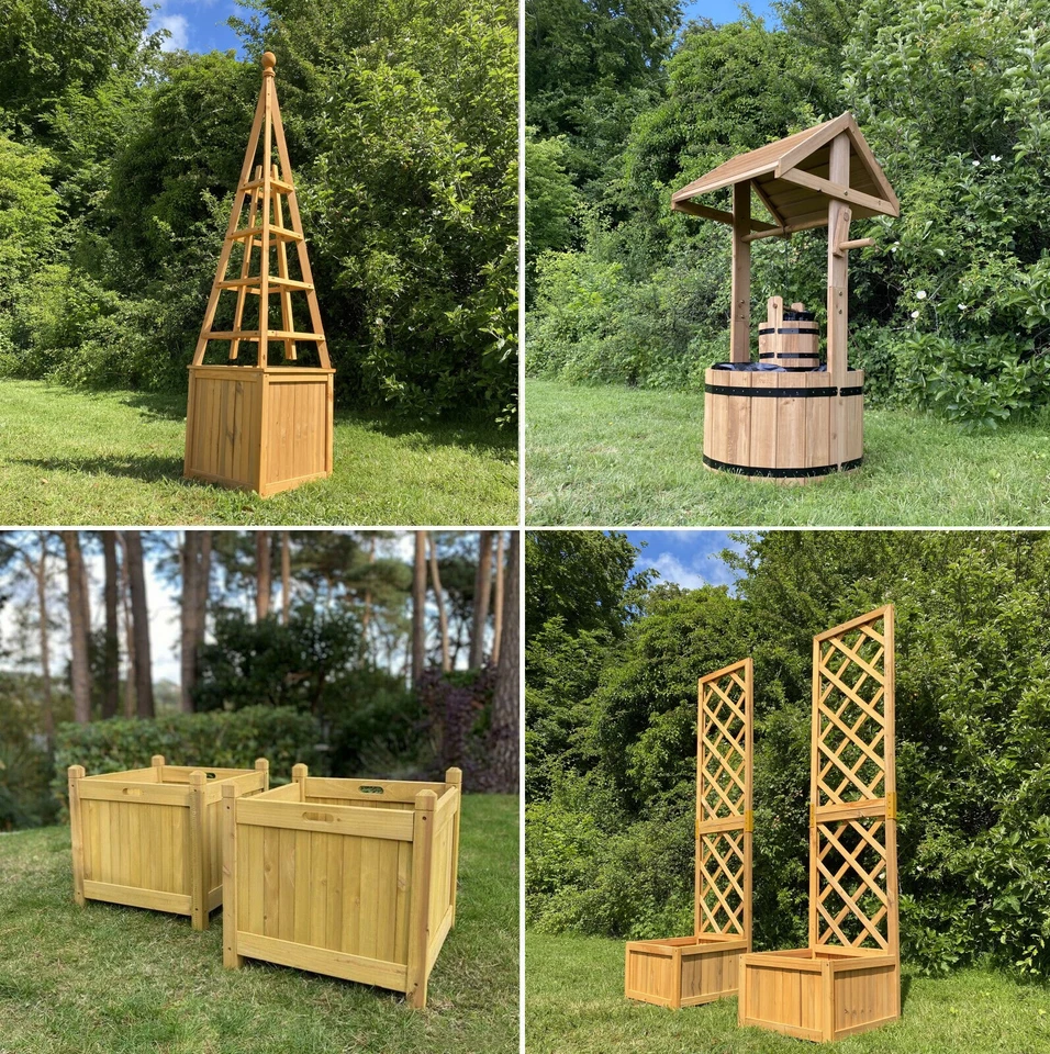 SELECTIONS Wooden Planters Garden Planter Ornamental Wishing Well, Obelisk, Trellis