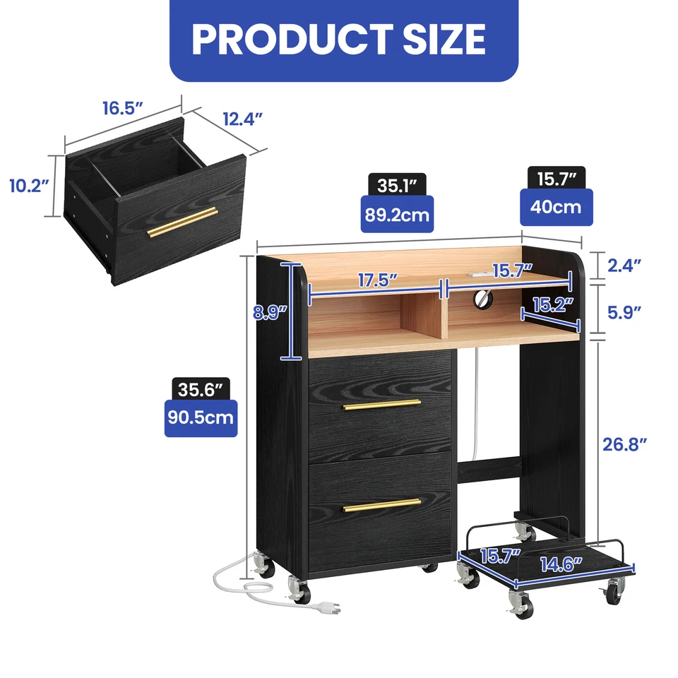 Black Mobile Printer Stand w/ Wood Top 2 File Drawers Power Outlet USB CPU Tray - Image 2 of 4