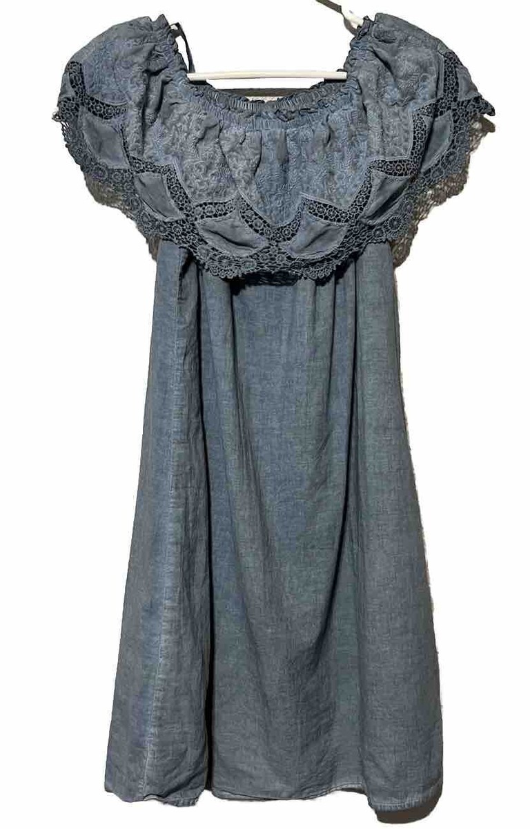 Knox Rose Women Blue Denim Off The Shoulder Knee Length Peasant Dress Size  Small