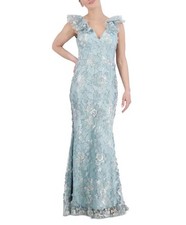 ELIZA J Blue Silver 3D Floral Ruffle Sleeve Mermaid Maxi Gown Dress
