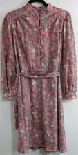 VTG Cottagecore Floral Midi Dress M Mauve Pink Gray Leaves Grandma Secretary