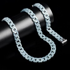 Men's Natural A-Grade Jade Blue Water Long Diamond Cuban Chain Bracelet Necklace