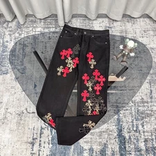 Chrome Hearts Cross Men's Black Cotton Straight Jeans Pants Casual  Trousers New