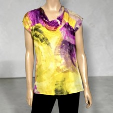 Zara Basic 100% Silk Abstract Watercolor Cowl Neck Blouse Yellow Purple L