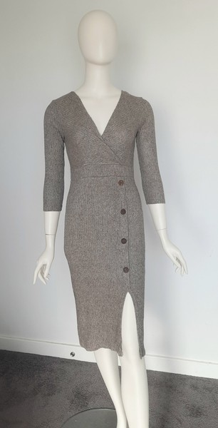 Monteau Midi Dress Small Taupe Grey Ribbed Knit 3/4 Sleeve Fitted