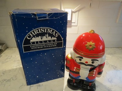 Vintage Earthenware ceramic holiday Nutcracker cookie jar Christmas Village
