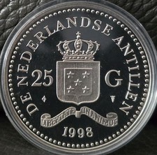 Netherlands Antilles 1998 25 Gulden - Deep Cameo - Sterling Silver Proof
