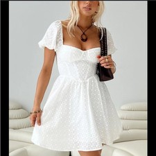 Princess Polly White Mini Lace Dress Eyelet Lined Babydoll Dress Size 8
