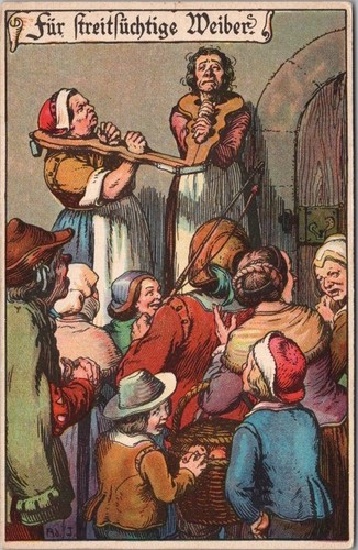 Postal de tortura medieval de saludos alemanes de colección de la década de 1910 "para mujeres pendencieras"