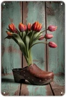 Tulip Flowers In Clog Tin Metal Signs Home Décor Vintage Floral Still Life Print